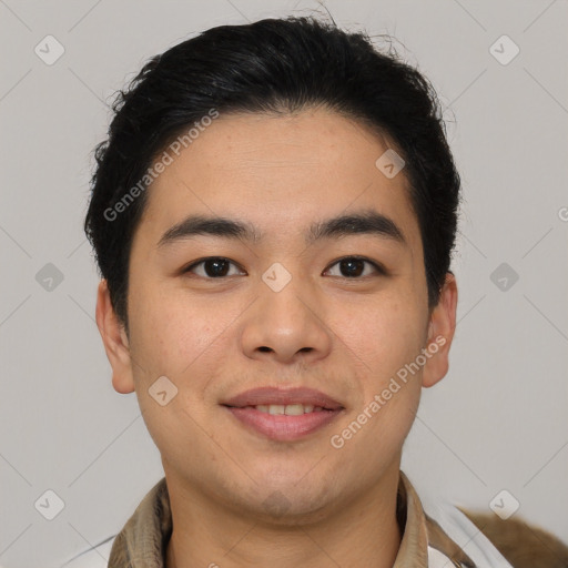 Joyful latino young-adult male with short  brown hair and brown eyes