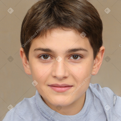 Joyful white child female with short  brown hair and brown eyes