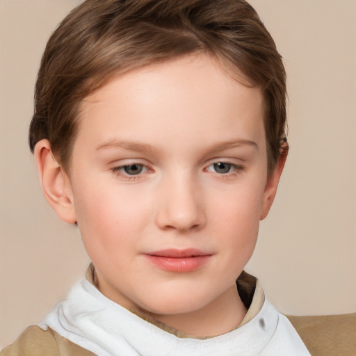 Joyful white child female with short  brown hair and brown eyes