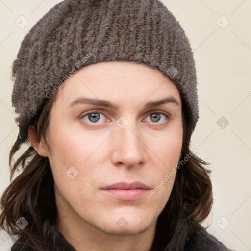 Neutral white young-adult female with medium  brown hair and grey eyes