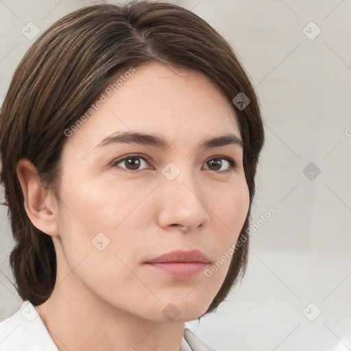 Neutral white young-adult female with medium  brown hair and brown eyes