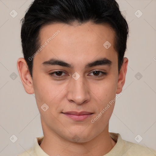 Joyful latino young-adult male with short  brown hair and brown eyes