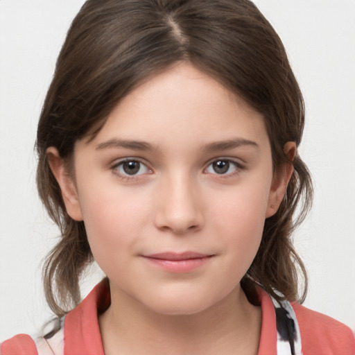 Joyful white child female with medium  brown hair and brown eyes