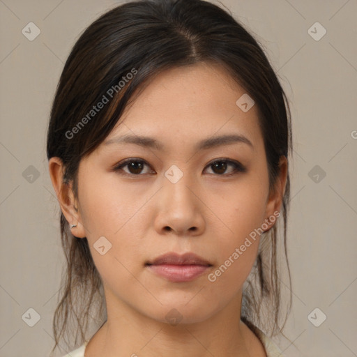 Neutral asian young-adult female with medium  brown hair and brown eyes