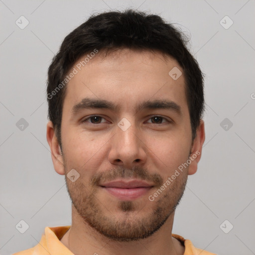 Joyful white young-adult male with short  brown hair and brown eyes