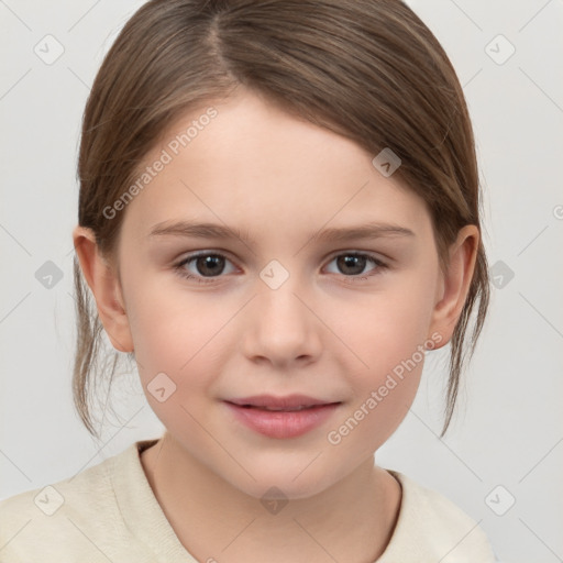 Joyful white child female with medium  brown hair and brown eyes