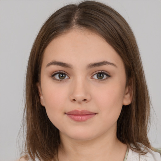 Neutral white young-adult female with medium  brown hair and brown eyes