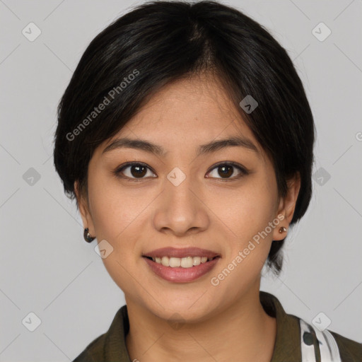 Joyful asian young-adult female with medium  brown hair and brown eyes