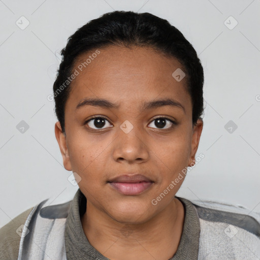 Neutral latino young-adult female with short  black hair and brown eyes