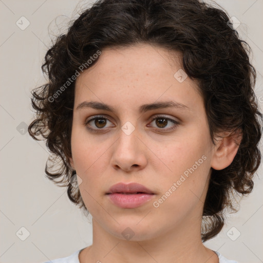 Neutral white young-adult female with medium  brown hair and brown eyes