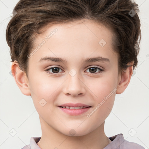 Joyful white child female with short  brown hair and brown eyes