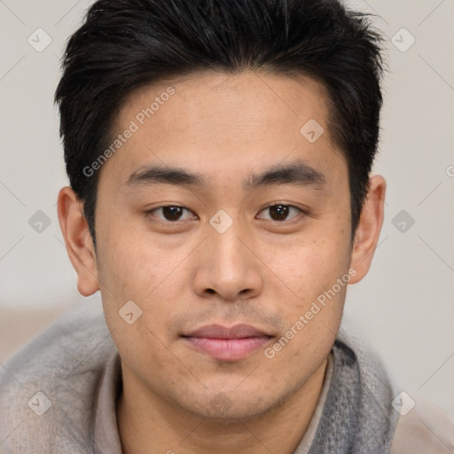 Joyful asian young-adult male with short  brown hair and brown eyes