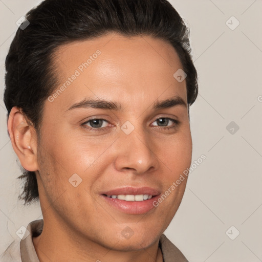 Joyful white young-adult male with short  brown hair and brown eyes