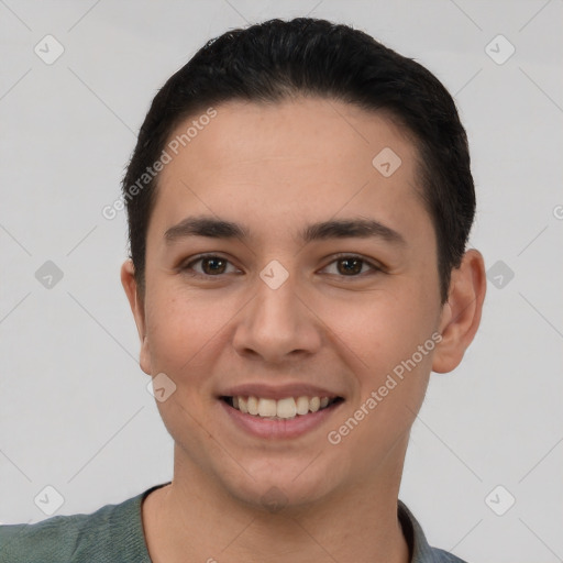 Joyful white young-adult female with short  brown hair and brown eyes