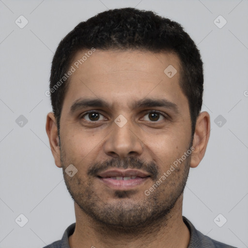Neutral latino young-adult male with short  black hair and brown eyes