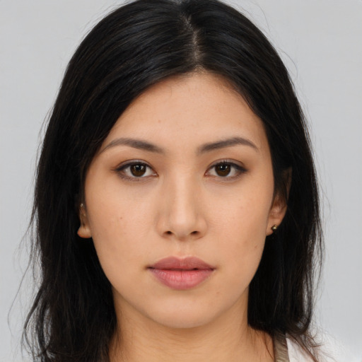 Neutral asian young-adult female with long  brown hair and brown eyes