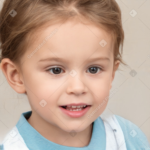 Joyful white child female with short  brown hair and brown eyes