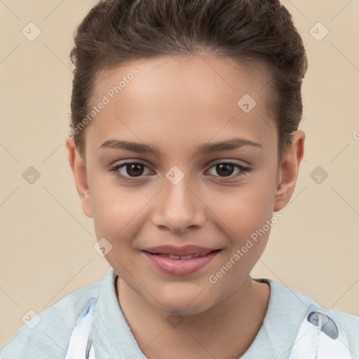 Joyful white child female with short  brown hair and brown eyes