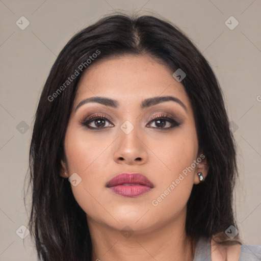 Neutral asian young-adult female with long  brown hair and brown eyes