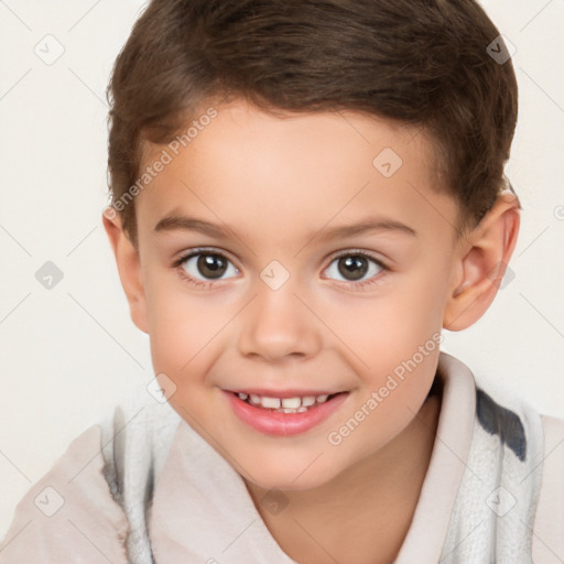 Joyful white child male with short  brown hair and brown eyes