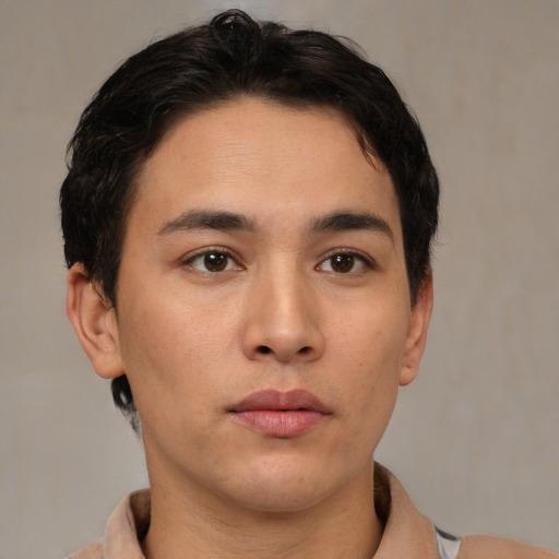 Neutral asian young-adult male with short  brown hair and brown eyes