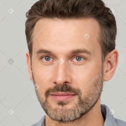 Neutral white adult male with short  brown hair and brown eyes