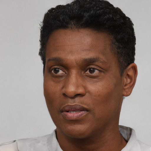 Neutral black adult male with short  black hair and brown eyes