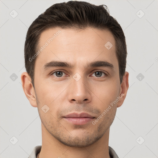 Neutral white young-adult male with short  brown hair and brown eyes