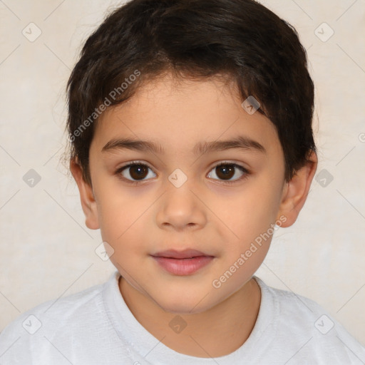 Joyful white child female with short  brown hair and brown eyes