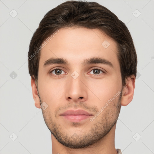 Neutral white young-adult male with short  brown hair and brown eyes