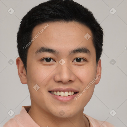 Joyful latino young-adult male with short  brown hair and brown eyes