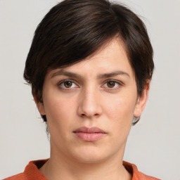 Neutral white young-adult female with short  brown hair and brown eyes