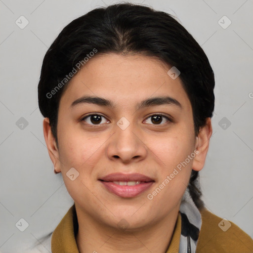 Joyful white young-adult female with medium  brown hair and brown eyes