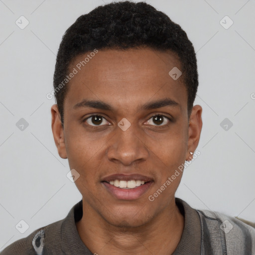 Joyful black young-adult male with short  black hair and brown eyes