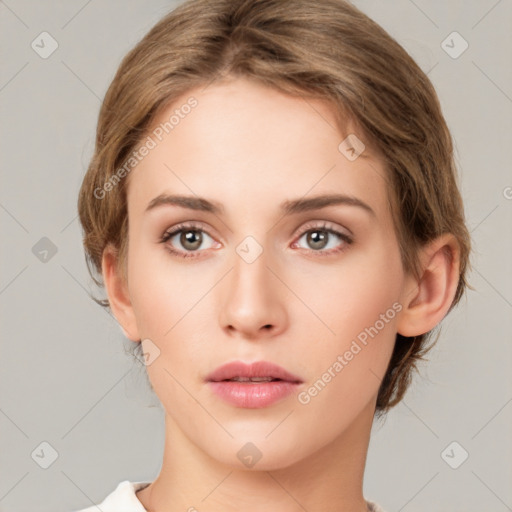 Neutral white young-adult female with medium  brown hair and grey eyes