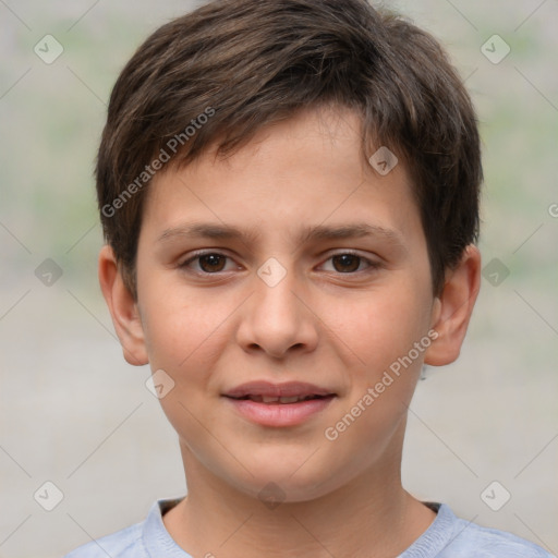 Joyful white child male with short  brown hair and brown eyes