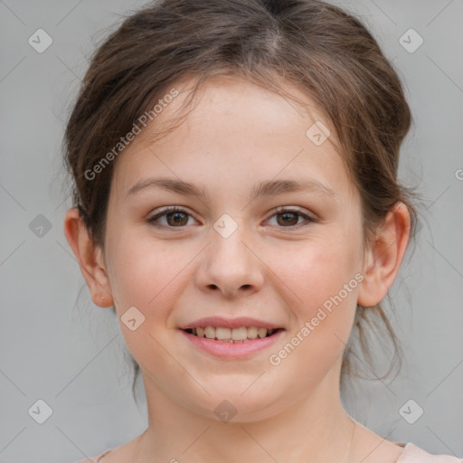 Joyful white child female with medium  brown hair and brown eyes