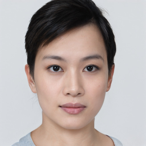 Neutral asian young-adult female with short  black hair and brown eyes