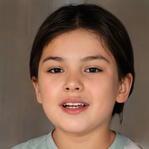 Joyful white child female with medium  brown hair and brown eyes