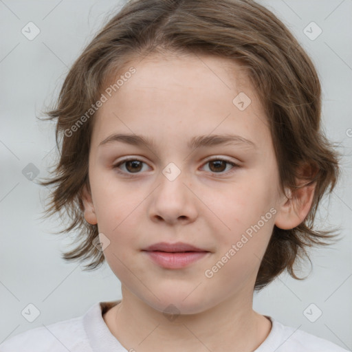 Joyful white child female with medium  brown hair and brown eyes