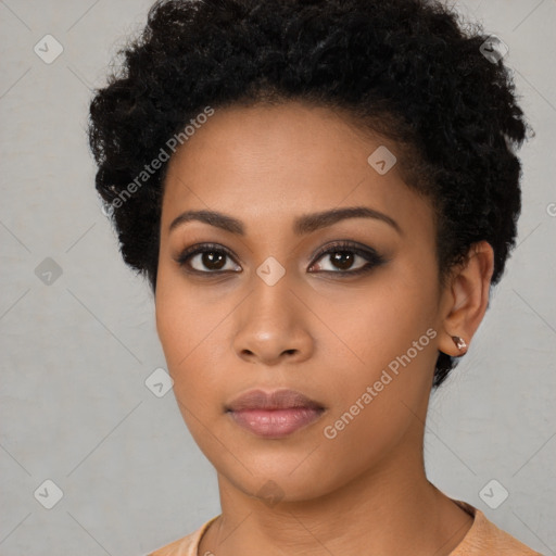 Neutral latino young-adult female with short  brown hair and brown eyes