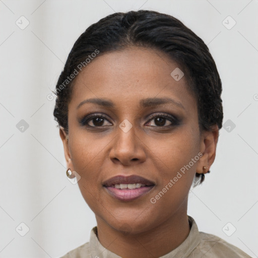 Joyful latino young-adult female with short  brown hair and brown eyes