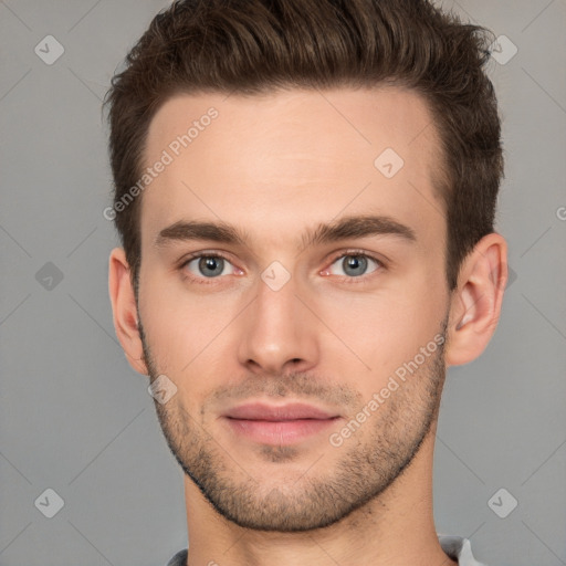 Neutral white young-adult male with short  brown hair and brown eyes