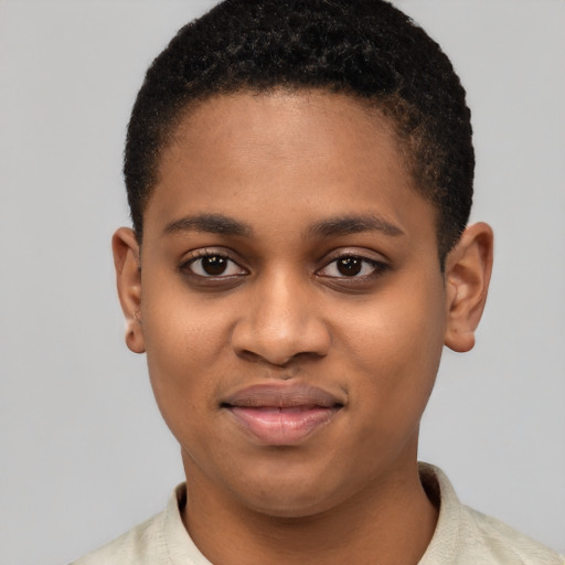 Joyful latino young-adult female with short  black hair and brown eyes