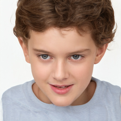 Joyful white child female with short  brown hair and brown eyes