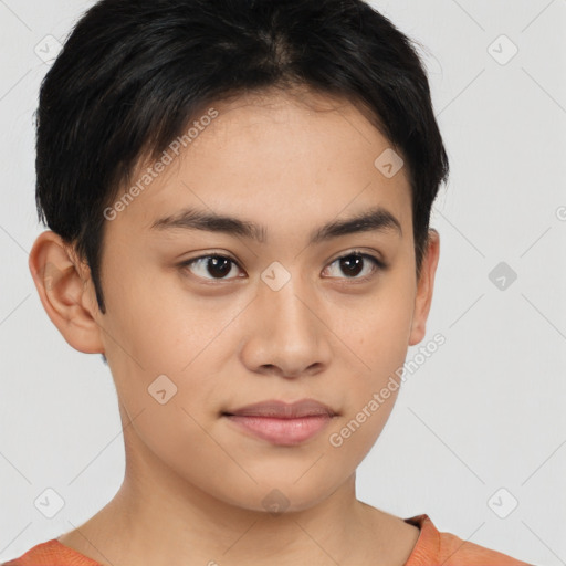 Joyful latino young-adult female with short  brown hair and brown eyes