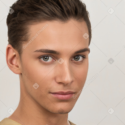 Neutral white young-adult male with short  brown hair and brown eyes