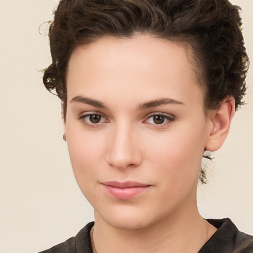 Neutral white young-adult female with short  brown hair and brown eyes