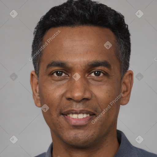 Joyful black young-adult male with short  black hair and brown eyes