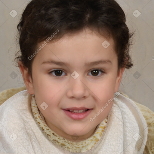 Joyful white child female with short  brown hair and brown eyes